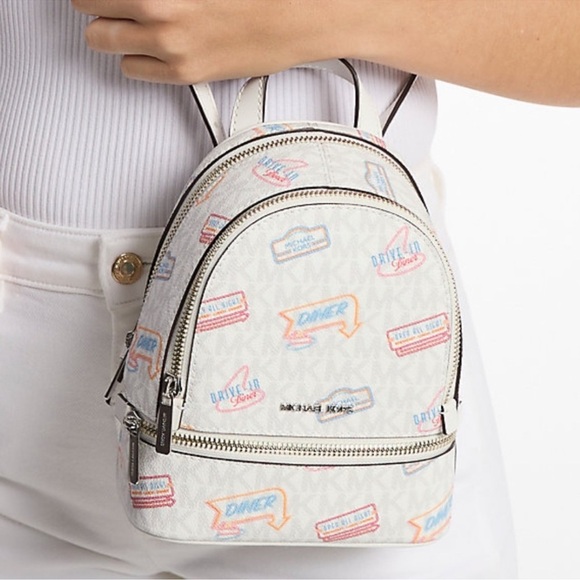 Michael Kors Rhea Extra-Small Printed Signature Logo Backpack Optic White - Picture 4 of 10